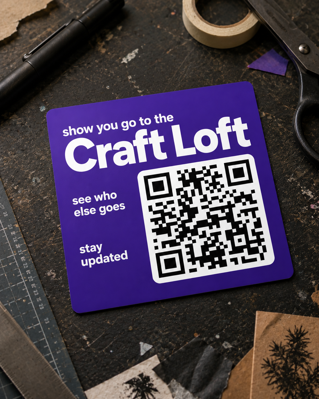 A custom DISCO QR invitation card for Craft Loft on a craft table