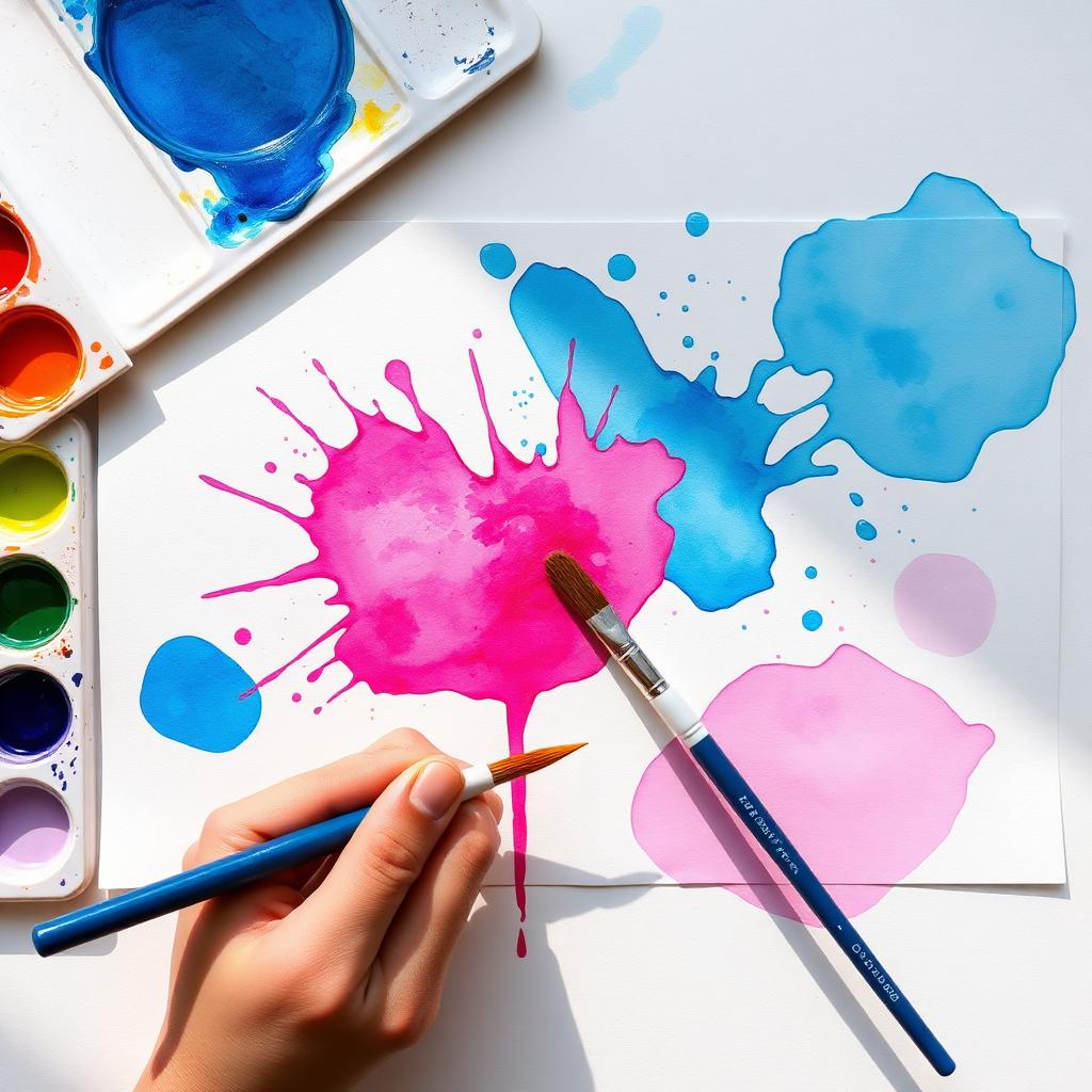 Watercolor palette with bright paint splashes