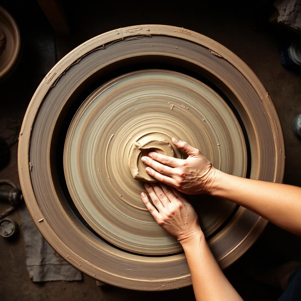 Hands shaping clay on a spinning pottery wheel