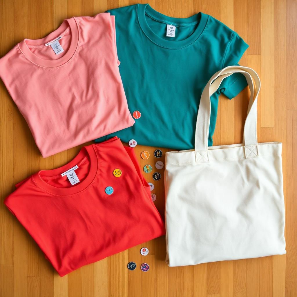 Fresh studio tees, tote bag, and stickers